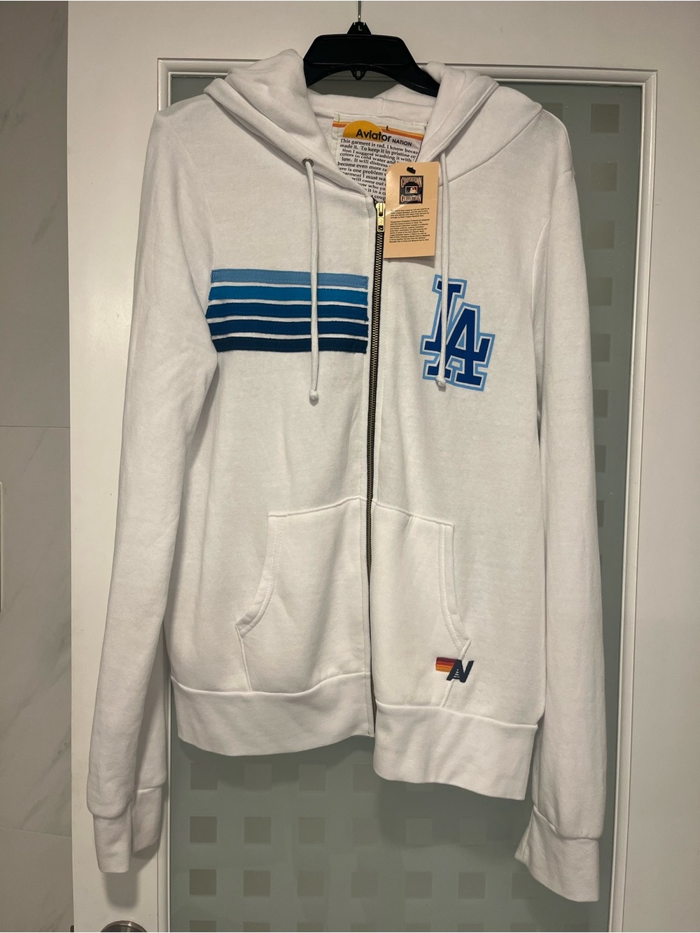 Aviator Nation White Zip Hoodie with Blue LA Stripes